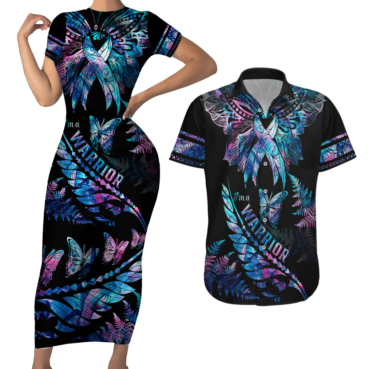 Polynesia Ribbon Butterflies Couples Matching Short Sleeve Bodycon Dress and Hawaiian Shirt Silver Fern Breast Cancer With Papua Shell Pattern LT9 - Wonder Print Shop