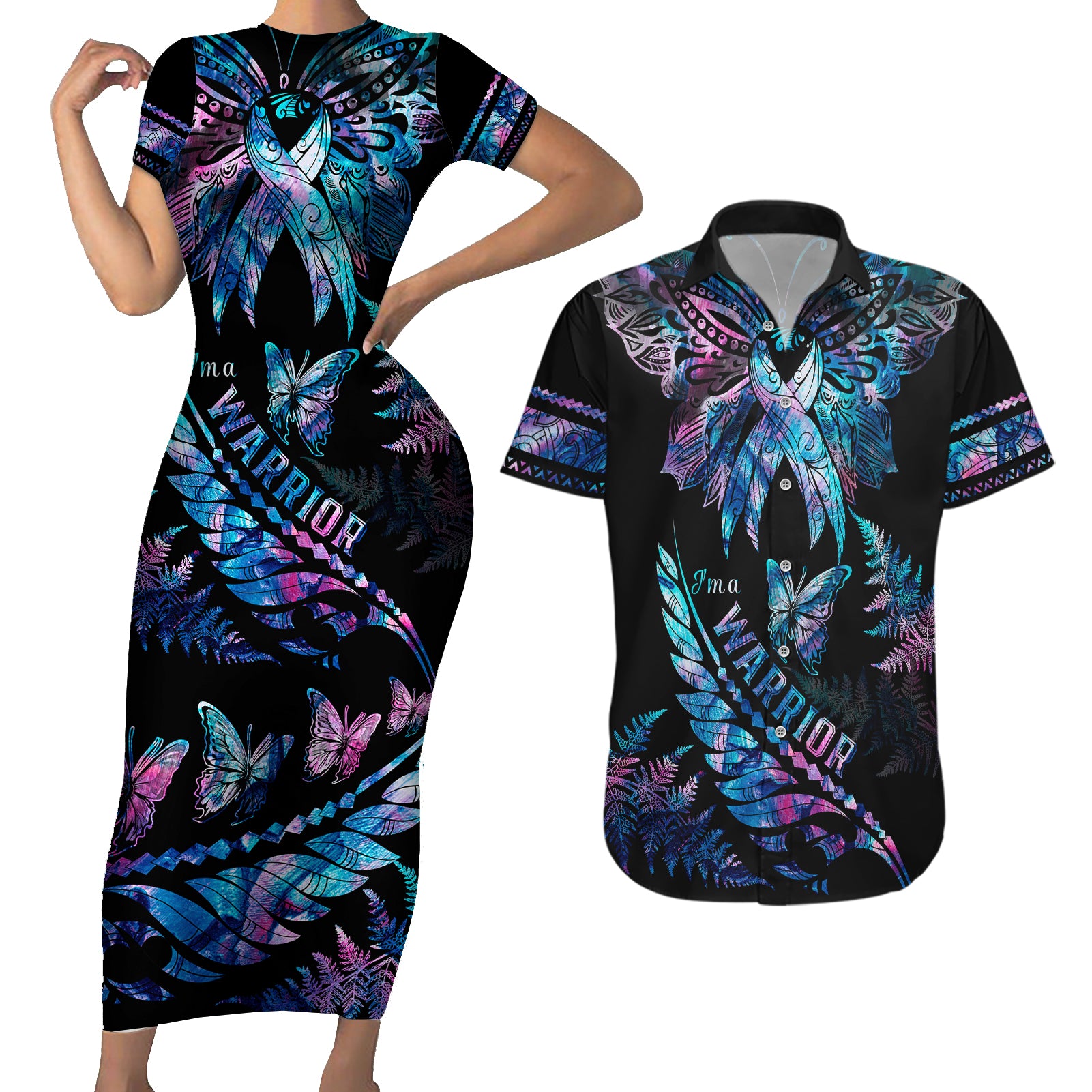 Polynesia Ribbon Butterflies Couples Matching Short Sleeve Bodycon Dress and Hawaiian Shirt Silver Fern Breast Cancer With Papua Shell Pattern LT9 - Wonder Print Shop