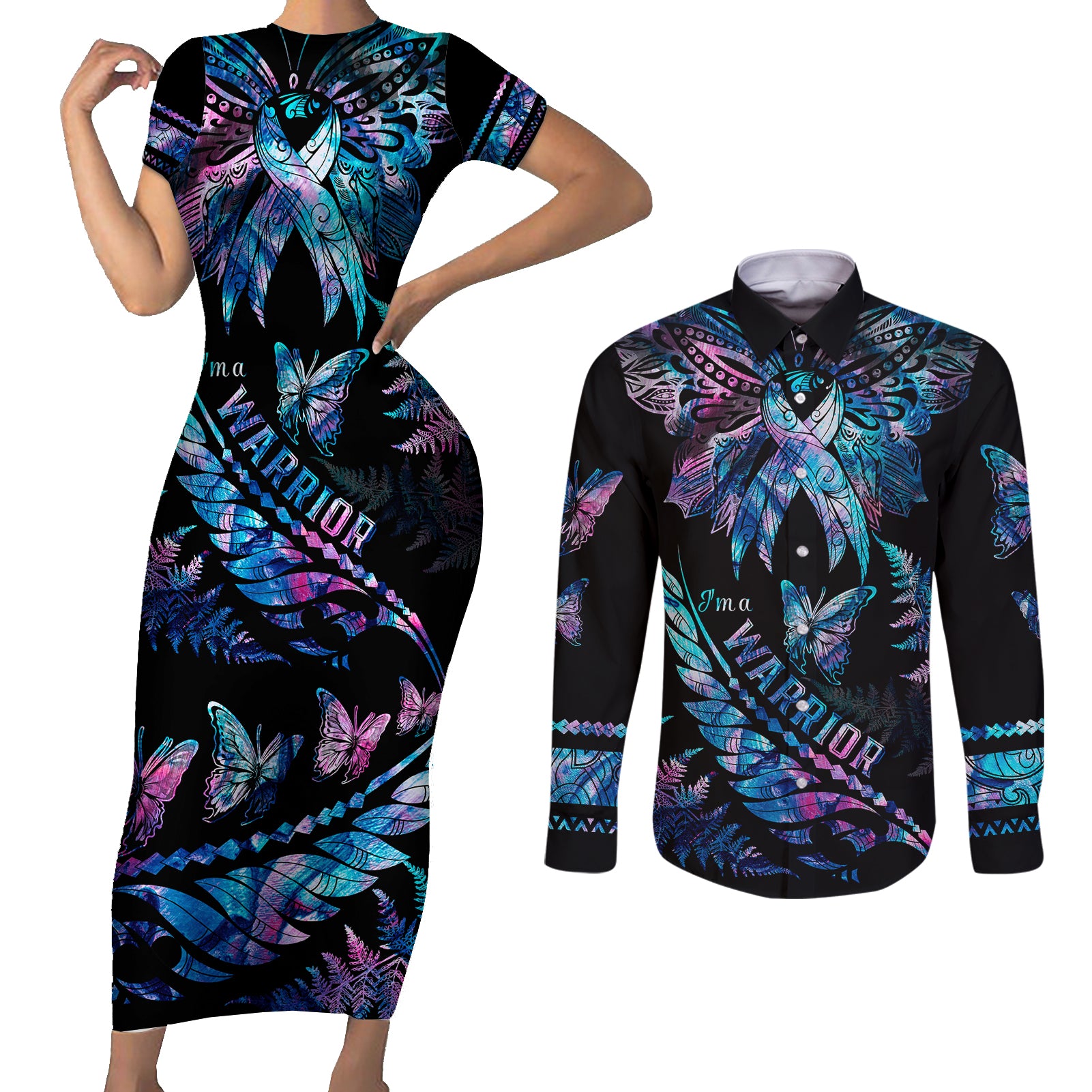 Polynesia Ribbon Butterflies Couples Matching Short Sleeve Bodycon Dress and Long Sleeve Button Shirts Silver Fern Breast Cancer With Papua Shell Pattern LT9 - Wonder Print Shop