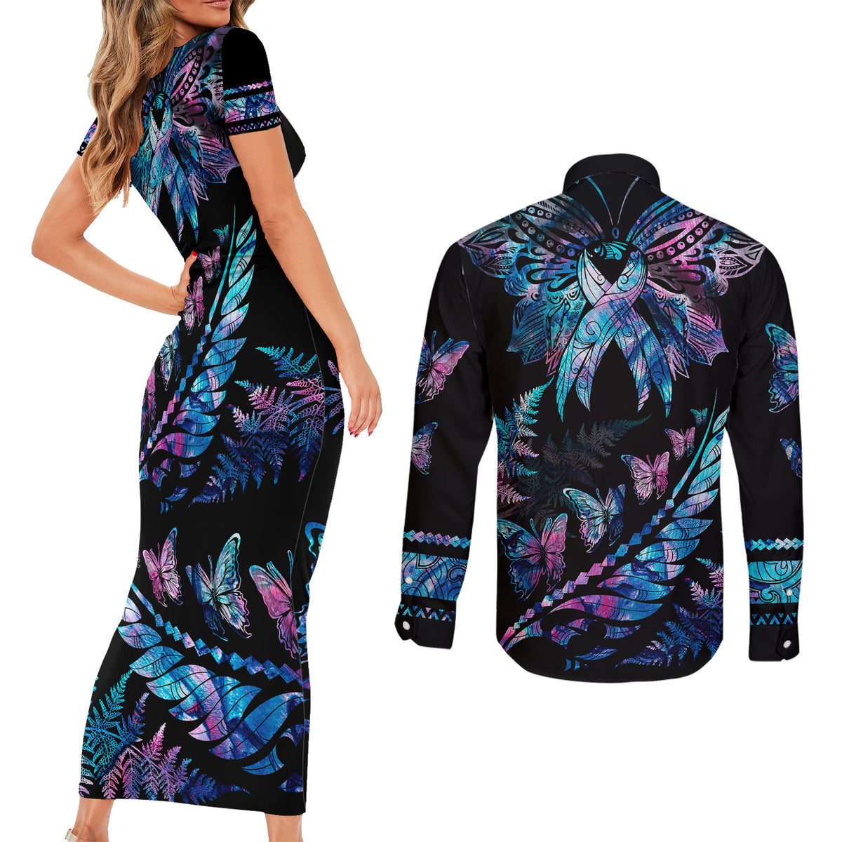 Polynesia Ribbon Butterflies Couples Matching Short Sleeve Bodycon Dress and Long Sleeve Button Shirts Silver Fern Breast Cancer With Papua Shell Pattern LT9 - Wonder Print Shop