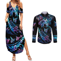 Polynesia Ribbon Butterflies Couples Matching Summer Maxi Dress and Long Sleeve Button Shirts Silver Fern Breast Cancer With Papua Shell Pattern LT9 - Wonder Print Shop