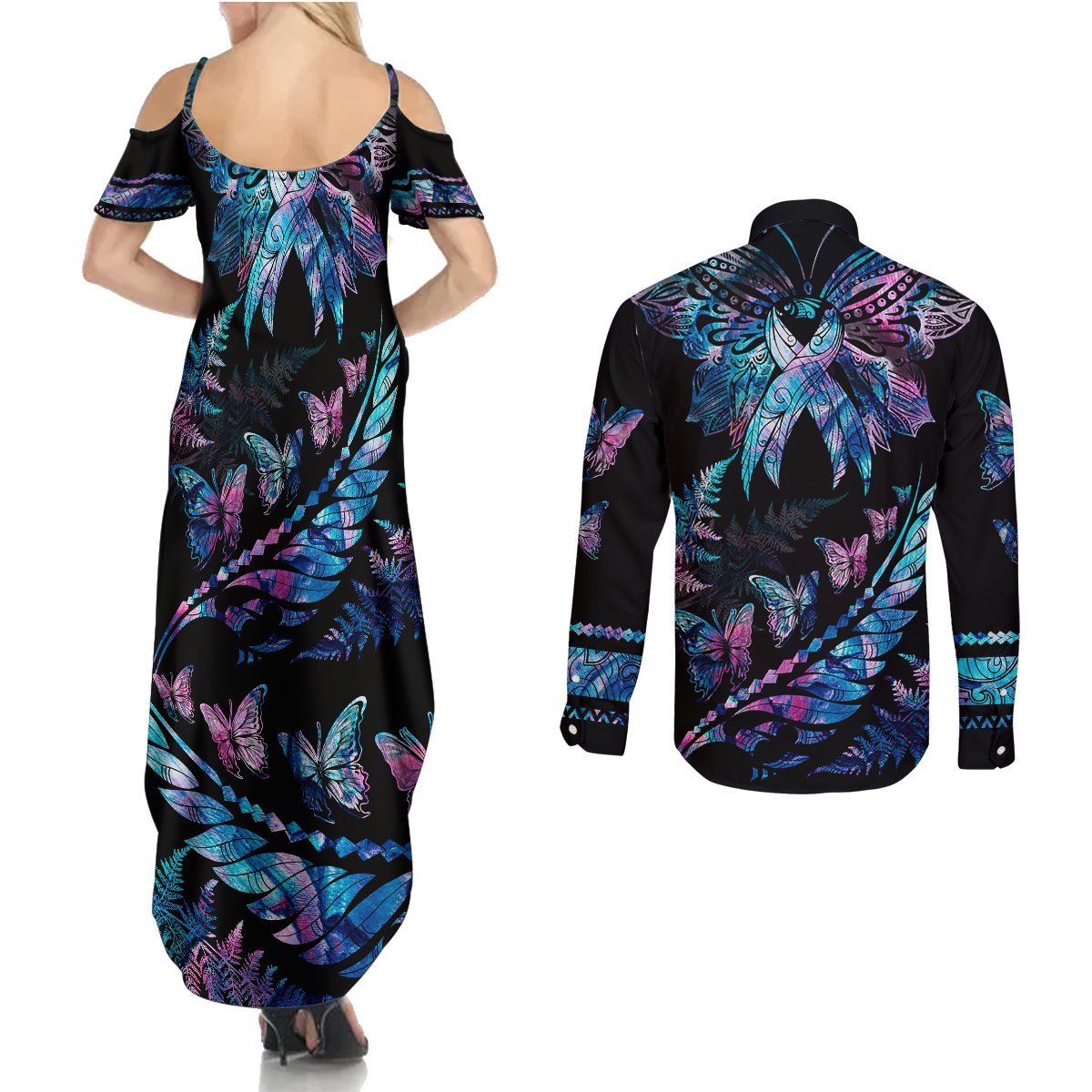 Polynesia Ribbon Butterflies Couples Matching Summer Maxi Dress and Long Sleeve Button Shirts Silver Fern Breast Cancer With Papua Shell Pattern LT9 - Wonder Print Shop