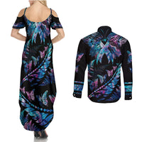 Polynesia Ribbon Butterflies Couples Matching Summer Maxi Dress and Long Sleeve Button Shirts Silver Fern Breast Cancer With Papua Shell Pattern LT9 - Wonder Print Shop