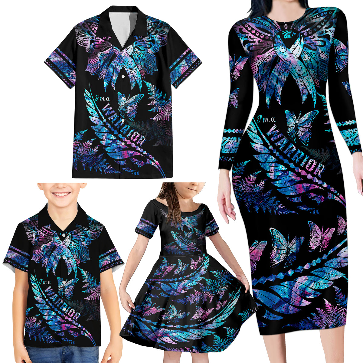Polynesia Ribbon Butterflies Family Matching Long Sleeve Bodycon Dress and Hawaiian Shirt Silver Fern Breast Cancer With Papua Shell Pattern LT9 - Wonder Print Shop