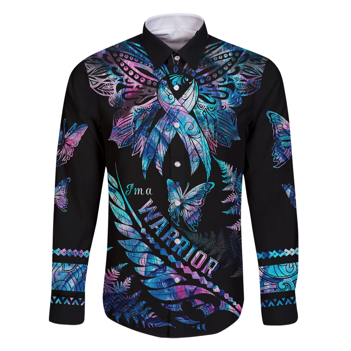 Polynesia Ribbon Butterflies Family Matching Long Sleeve Bodycon Dress and Hawaiian Shirt Silver Fern Breast Cancer With Papua Shell Pattern LT9 - Wonder Print Shop