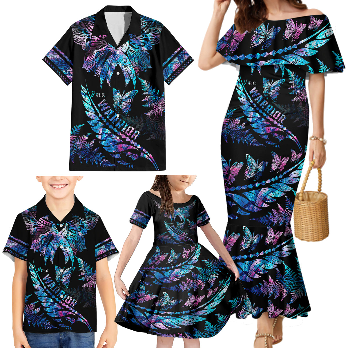 Polynesia Ribbon Butterflies Family Matching Mermaid Dress and Hawaiian Shirt Silver Fern Breast Cancer With Papua Shell Pattern LT9 - Wonder Print Shop