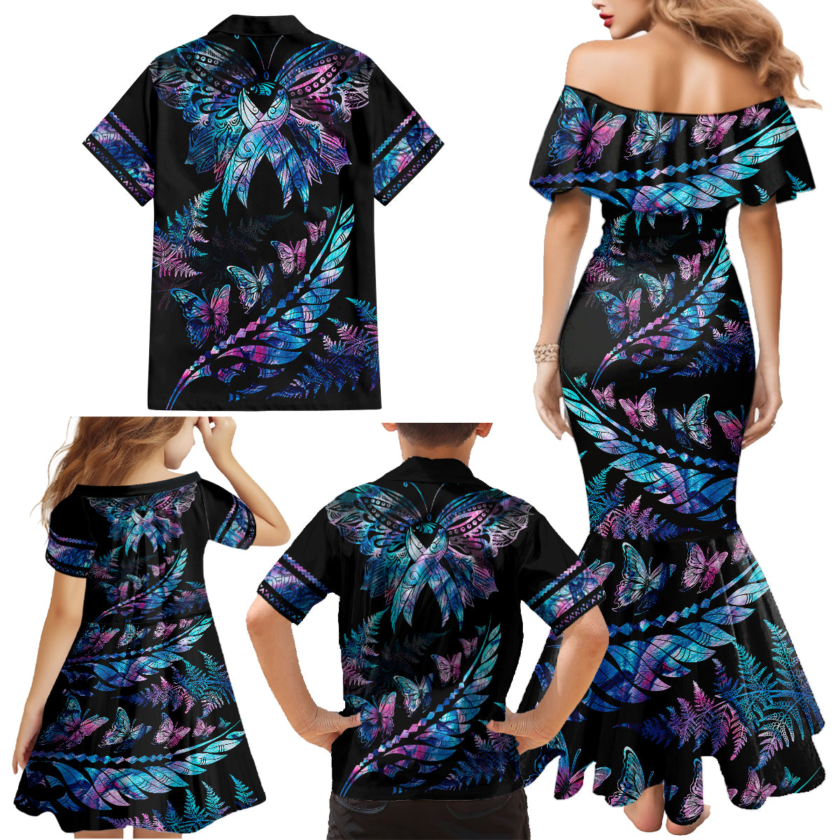 Polynesia Ribbon Butterflies Family Matching Mermaid Dress and Hawaiian Shirt Silver Fern Breast Cancer With Papua Shell Pattern LT9 - Wonder Print Shop