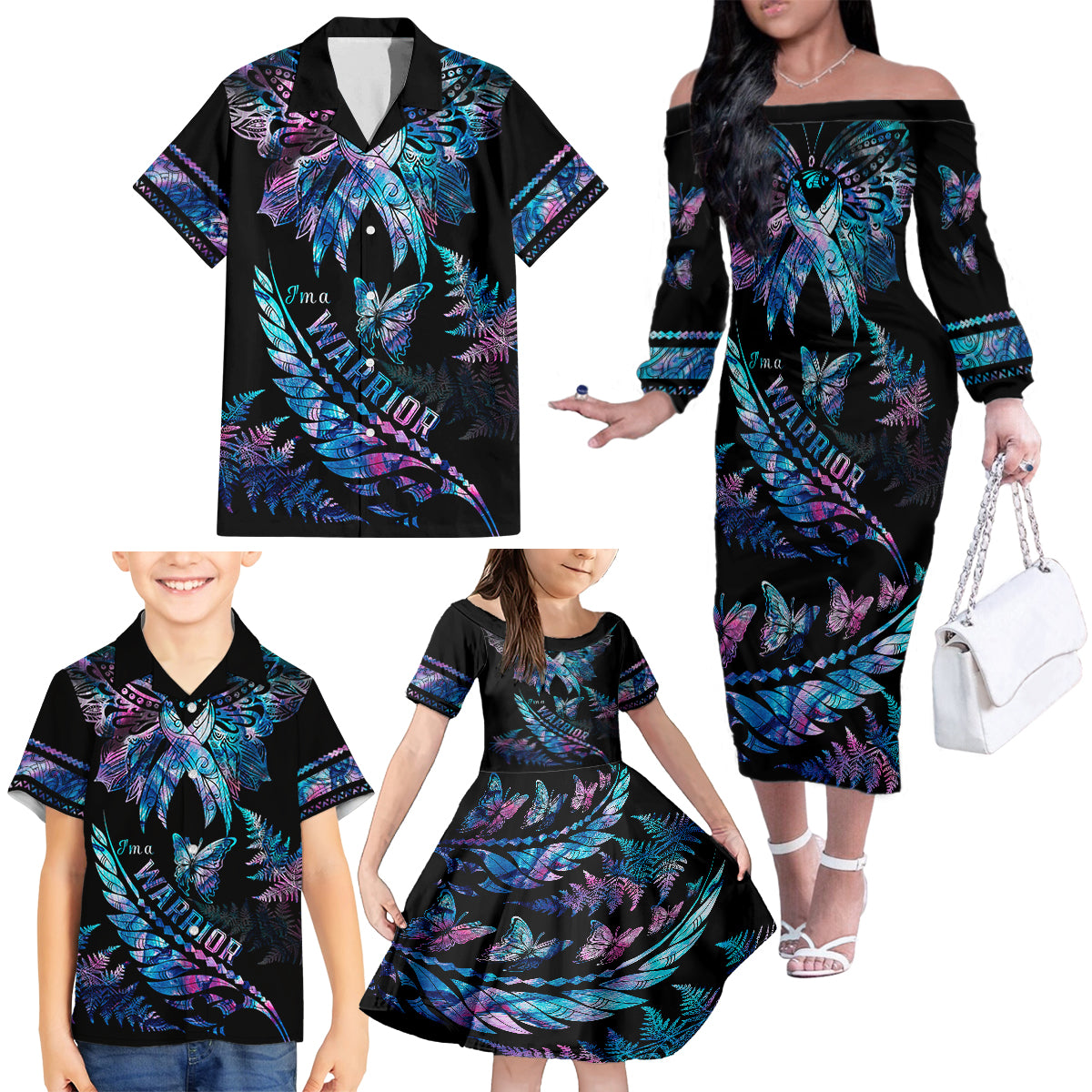 Polynesia Ribbon Butterflies Family Matching Off Shoulder Long Sleeve Dress and Hawaiian Shirt Silver Fern Breast Cancer With Papua Shell Pattern - Wonder Print Shop