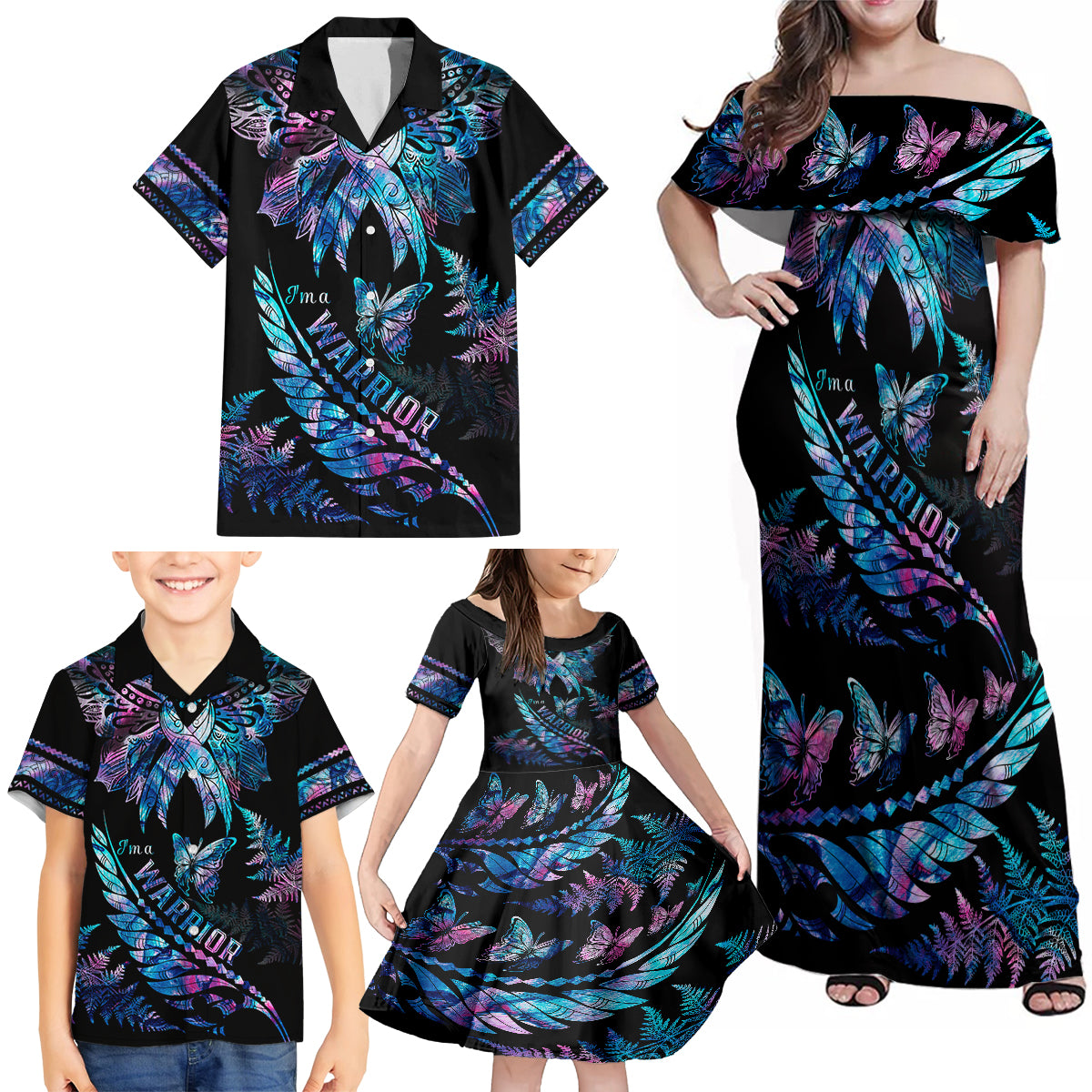 Polynesia Ribbon Butterflies Family Matching Off Shoulder Maxi Dress and Hawaiian Shirt Silver Fern Breast Cancer With Papua Shell Pattern LT9 - Wonder Print Shop
