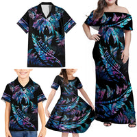 Polynesia Ribbon Butterflies Family Matching Off Shoulder Maxi Dress and Hawaiian Shirt Silver Fern Breast Cancer With Papua Shell Pattern LT9 - Wonder Print Shop