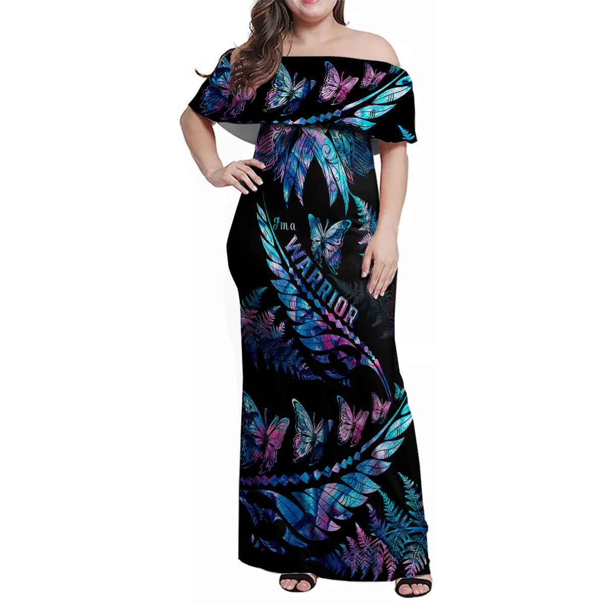 Polynesia Ribbon Butterflies Family Matching Off Shoulder Maxi Dress and Hawaiian Shirt Silver Fern Breast Cancer With Papua Shell Pattern LT9 - Wonder Print Shop