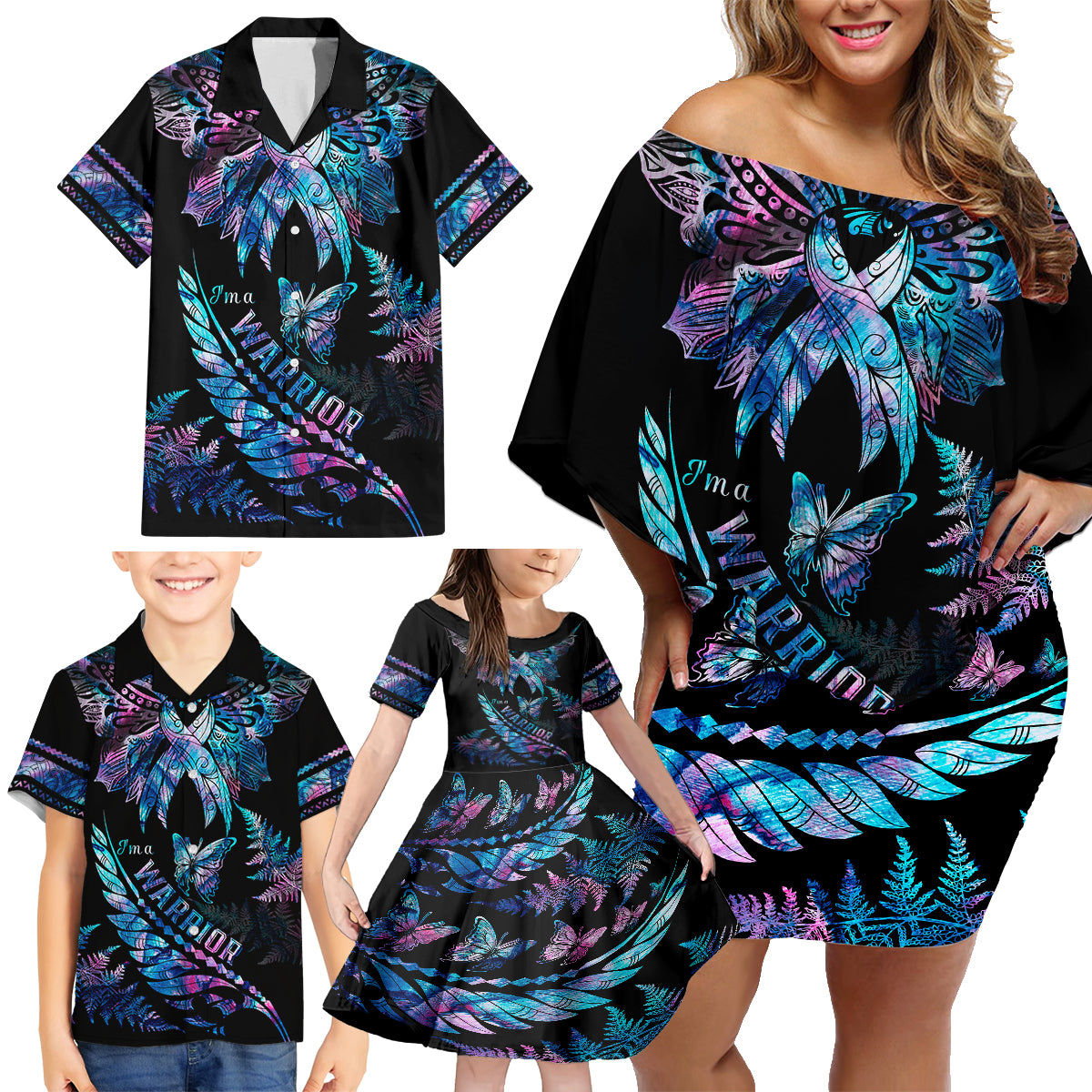 Polynesia Ribbon Butterflies Family Matching Off Shoulder Short Dress and Hawaiian Shirt Silver Fern Breast Cancer With Papua Shell Pattern LT9 - Wonder Print Shop