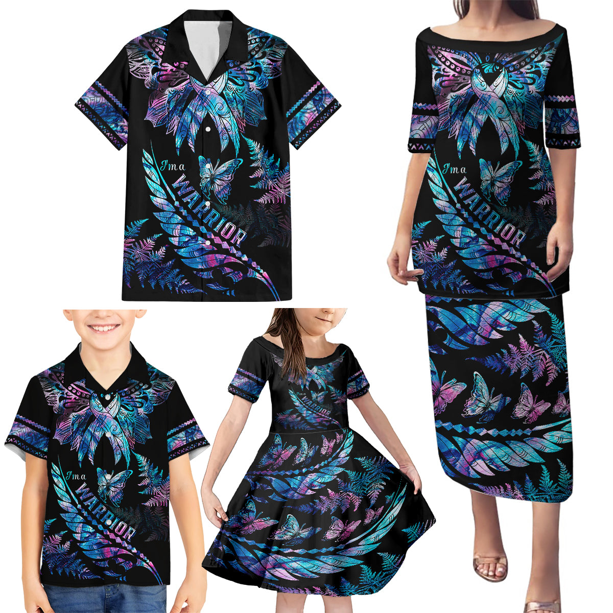 Polynesia Ribbon Butterflies Family Matching Puletasi Dress and Hawaiian Shirt Silver Fern Breast Cancer With Papua Shell Pattern - Wonder Print Shop
