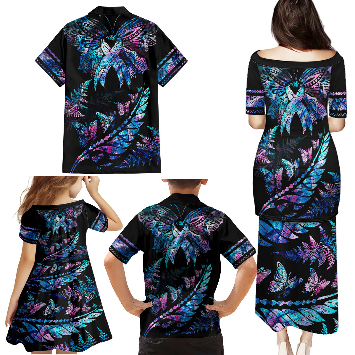 Polynesia Ribbon Butterflies Family Matching Puletasi Dress and Hawaiian Shirt Silver Fern Breast Cancer With Papua Shell Pattern - Wonder Print Shop