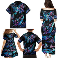 Polynesia Ribbon Butterflies Family Matching Puletasi Dress and Hawaiian Shirt Silver Fern Breast Cancer With Papua Shell Pattern - Wonder Print Shop