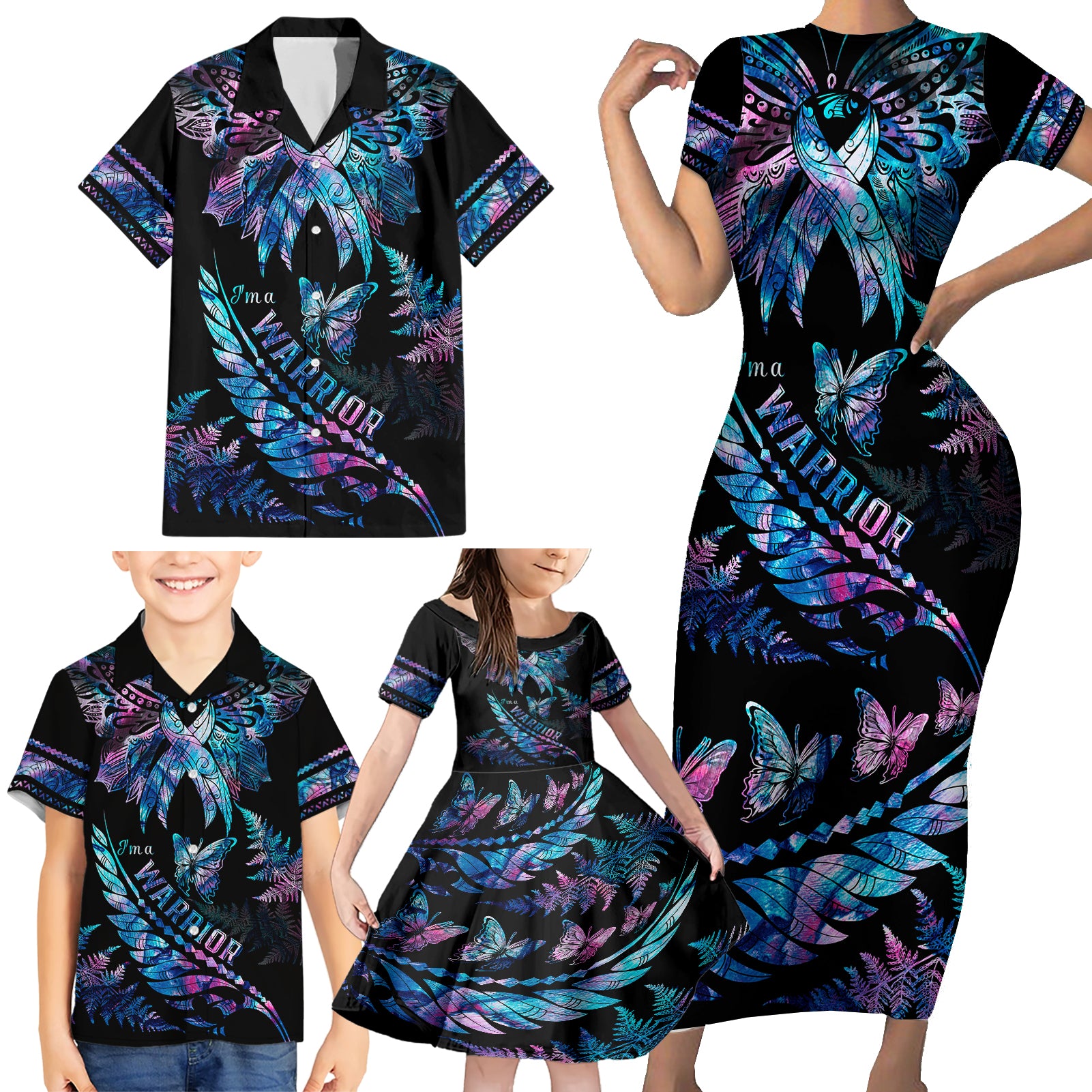 Polynesia Ribbon Butterflies Family Matching Short Sleeve Bodycon Dress and Hawaiian Shirt Silver Fern Breast Cancer With Papua Shell Pattern - Wonder Print Shop