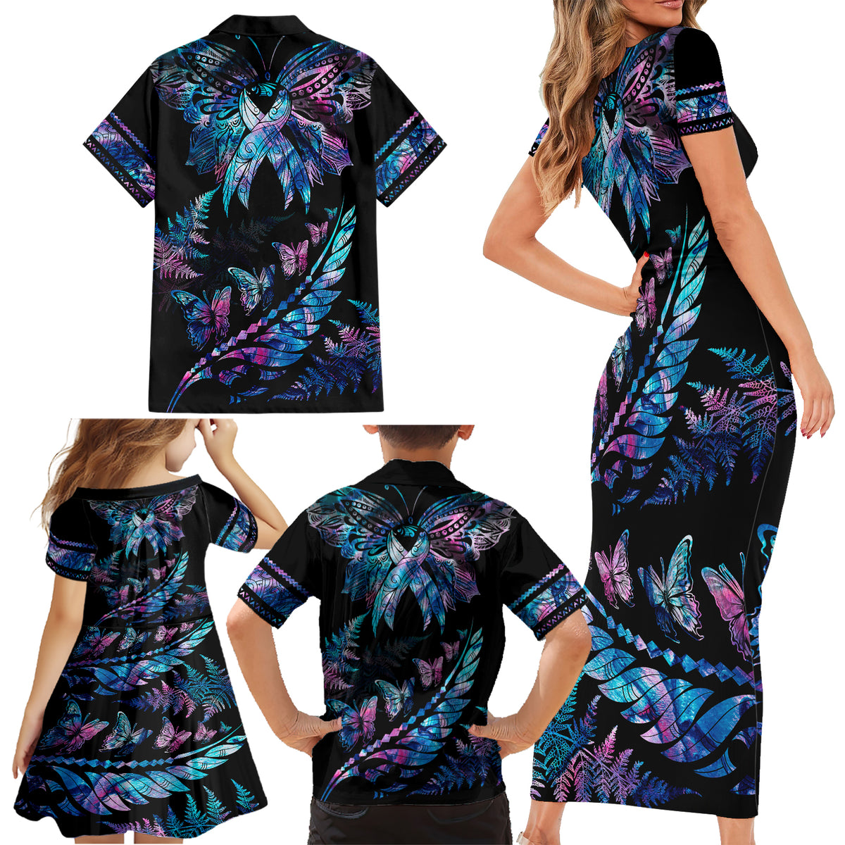 Polynesia Ribbon Butterflies Family Matching Short Sleeve Bodycon Dress and Hawaiian Shirt Silver Fern Breast Cancer With Papua Shell Pattern - Wonder Print Shop
