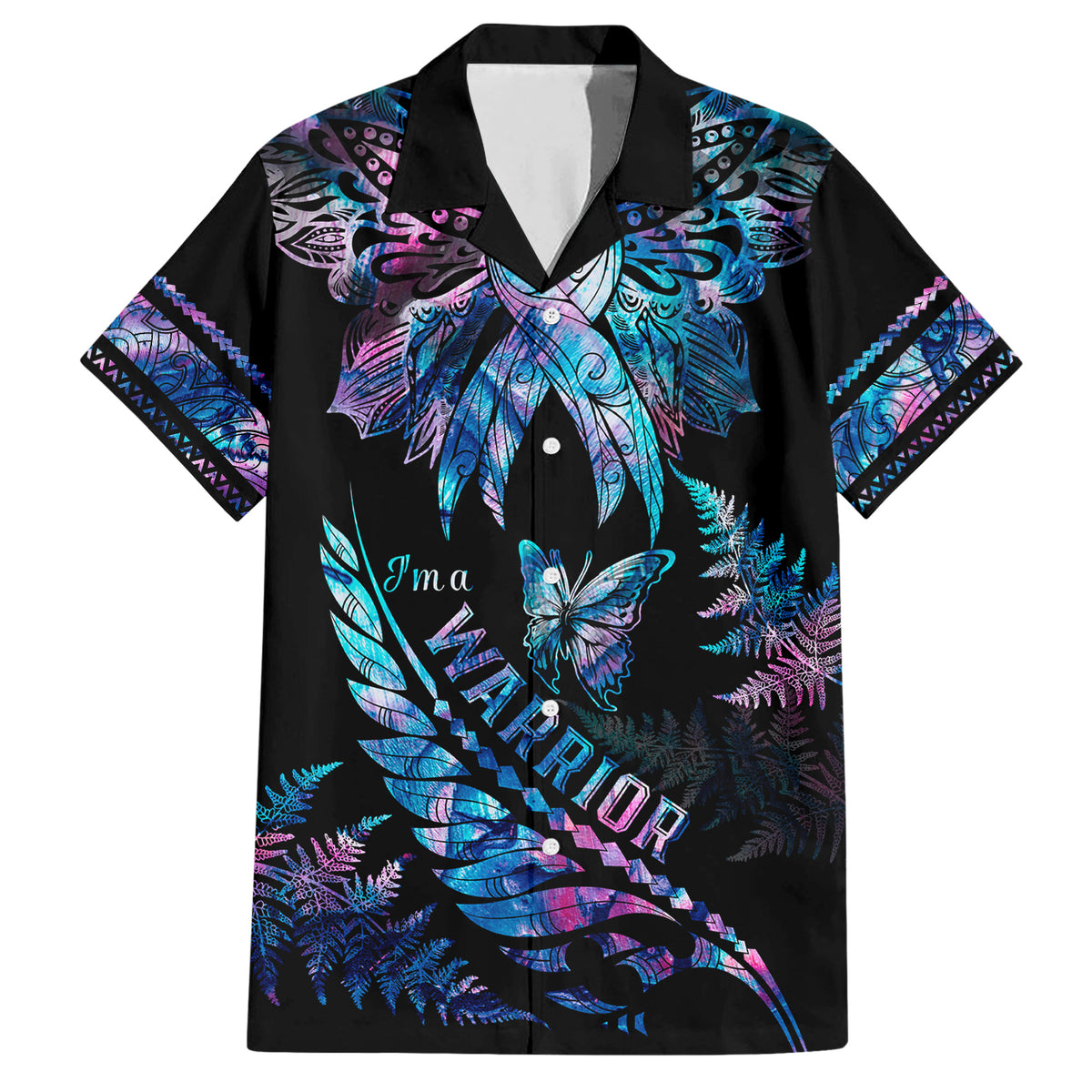 Polynesia Ribbon Butterflies Family Matching Short Sleeve Bodycon Dress and Hawaiian Shirt Silver Fern Breast Cancer With Papua Shell Pattern - Wonder Print Shop