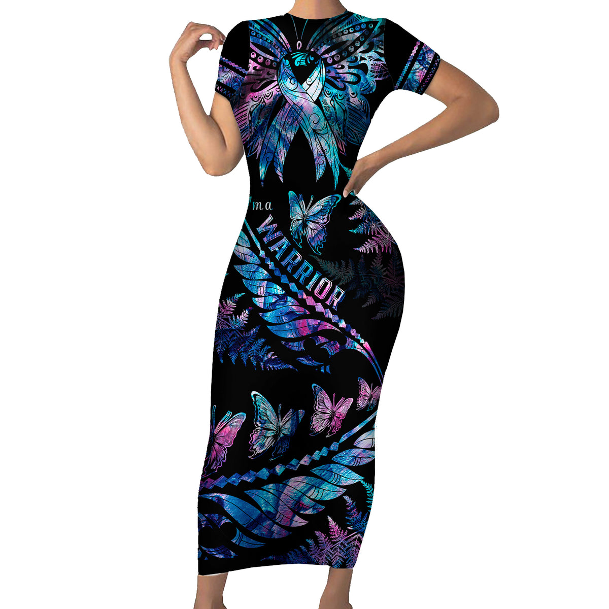 Polynesia Ribbon Butterflies Family Matching Short Sleeve Bodycon Dress and Hawaiian Shirt Silver Fern Breast Cancer With Papua Shell Pattern - Wonder Print Shop