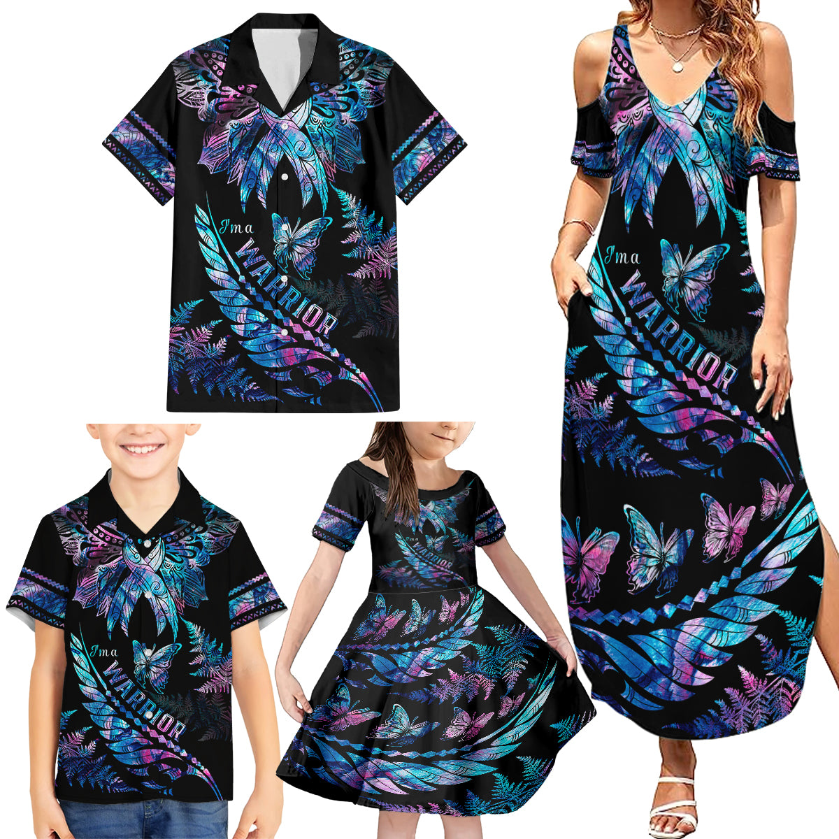 Polynesia Ribbon Butterflies Family Matching Summer Maxi Dress and Hawaiian Shirt Silver Fern Breast Cancer With Papua Shell Pattern - Wonder Print Shop