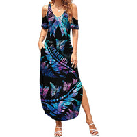 Polynesia Ribbon Butterflies Family Matching Summer Maxi Dress and Hawaiian Shirt Silver Fern Breast Cancer With Papua Shell Pattern - Wonder Print Shop