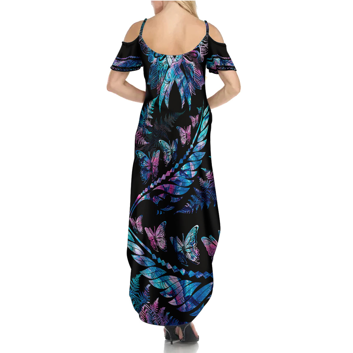 Polynesia Ribbon Butterflies Family Matching Summer Maxi Dress and Hawaiian Shirt Silver Fern Breast Cancer With Papua Shell Pattern - Wonder Print Shop