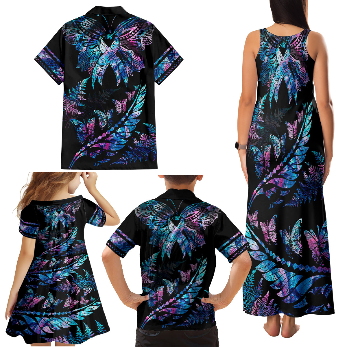 Polynesia Ribbon Butterflies Family Matching Tank Maxi Dress and Hawaiian Shirt Silver Fern Breast Cancer With Papua Shell Pattern - Wonder Print Shop