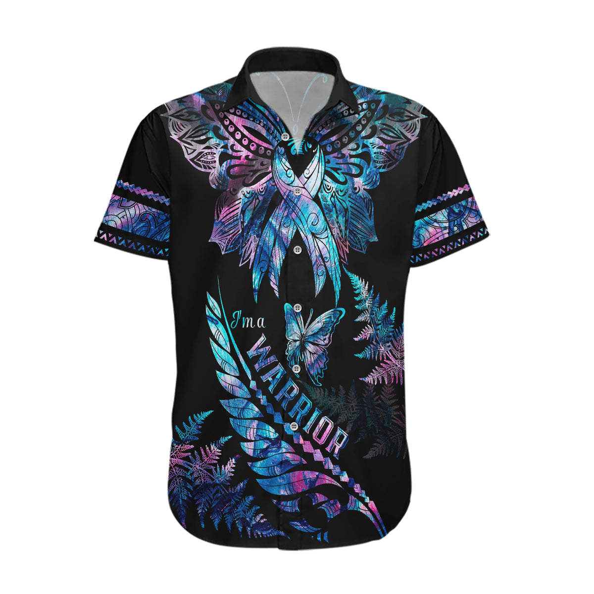 Polynesia Ribbon Butterflies Hawaiian Shirt Silver Fern Breast Cancer With Papua Shell Pattern - Wonder Print Shop