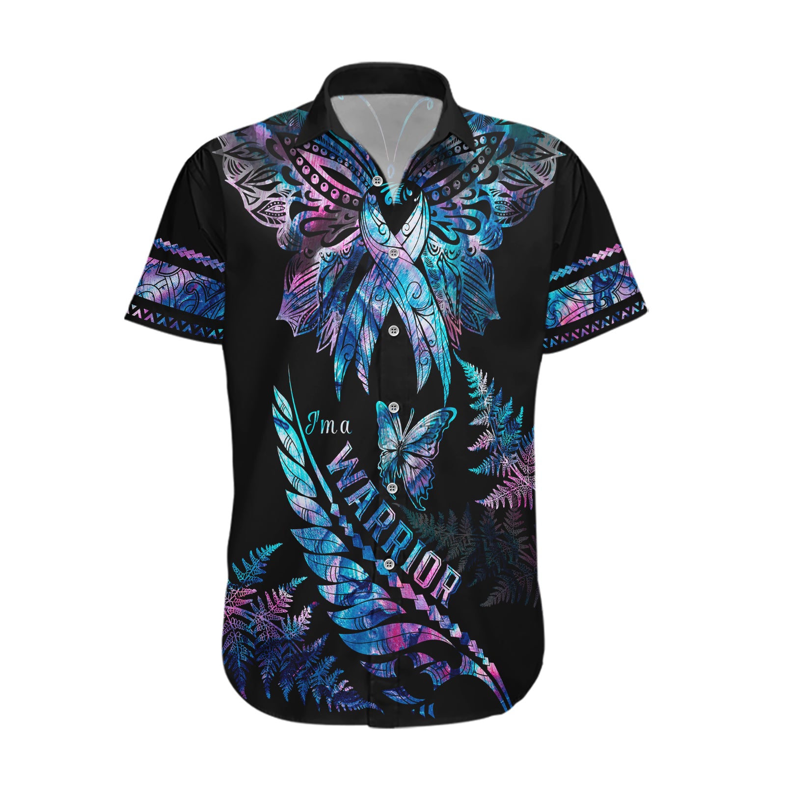 Polynesia Ribbon Butterflies Hawaiian Shirt Silver Fern Breast Cancer With Papua Shell Pattern - Wonder Print Shop