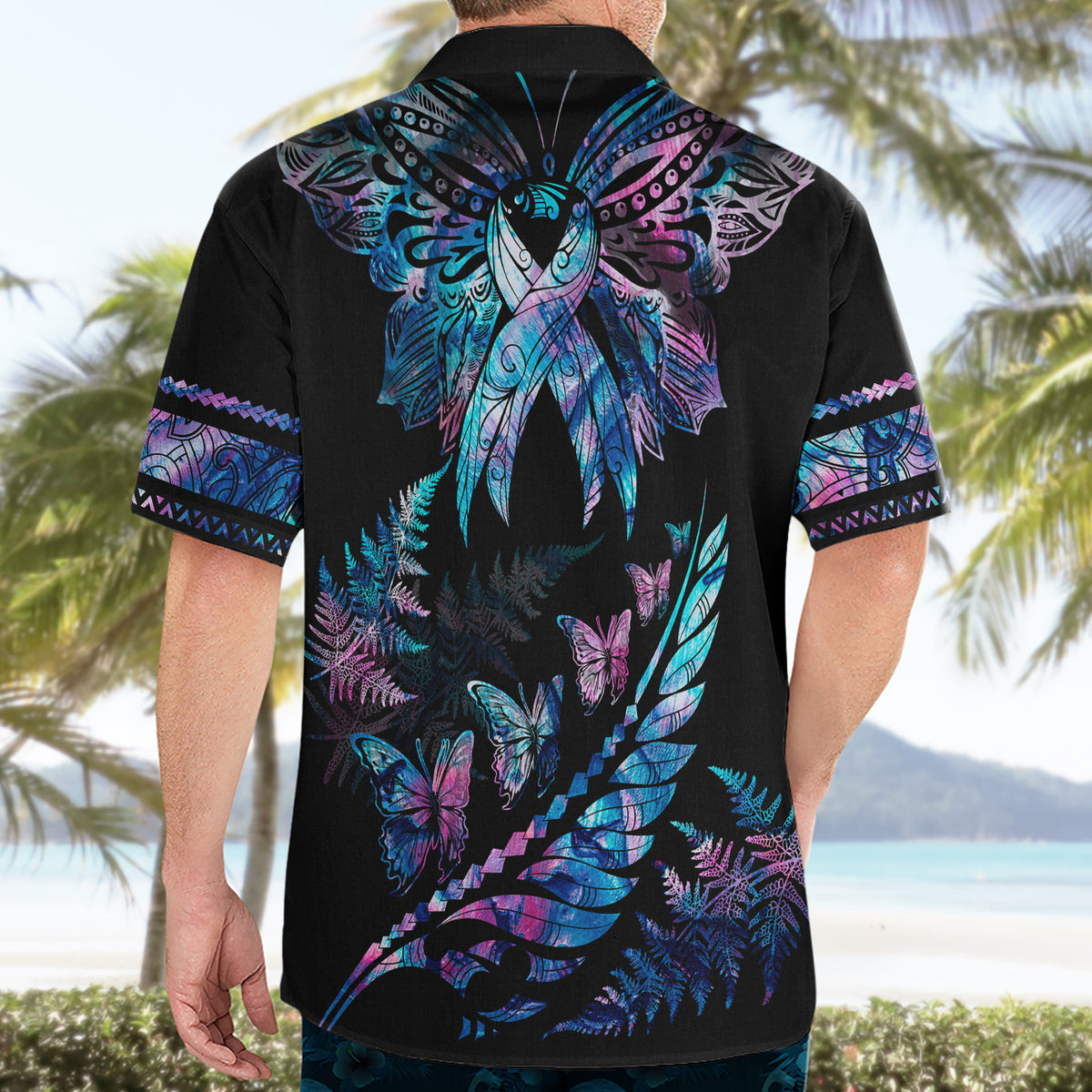 Polynesia Ribbon Butterflies Hawaiian Shirt Silver Fern Breast Cancer With Papua Shell Pattern - Wonder Print Shop