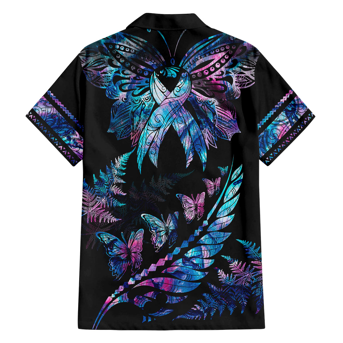 Polynesia Ribbon Butterflies Kid Hawaiian Shirt Silver Fern Breast Cancer With Papua Shell Pattern - Wonder Print Shop