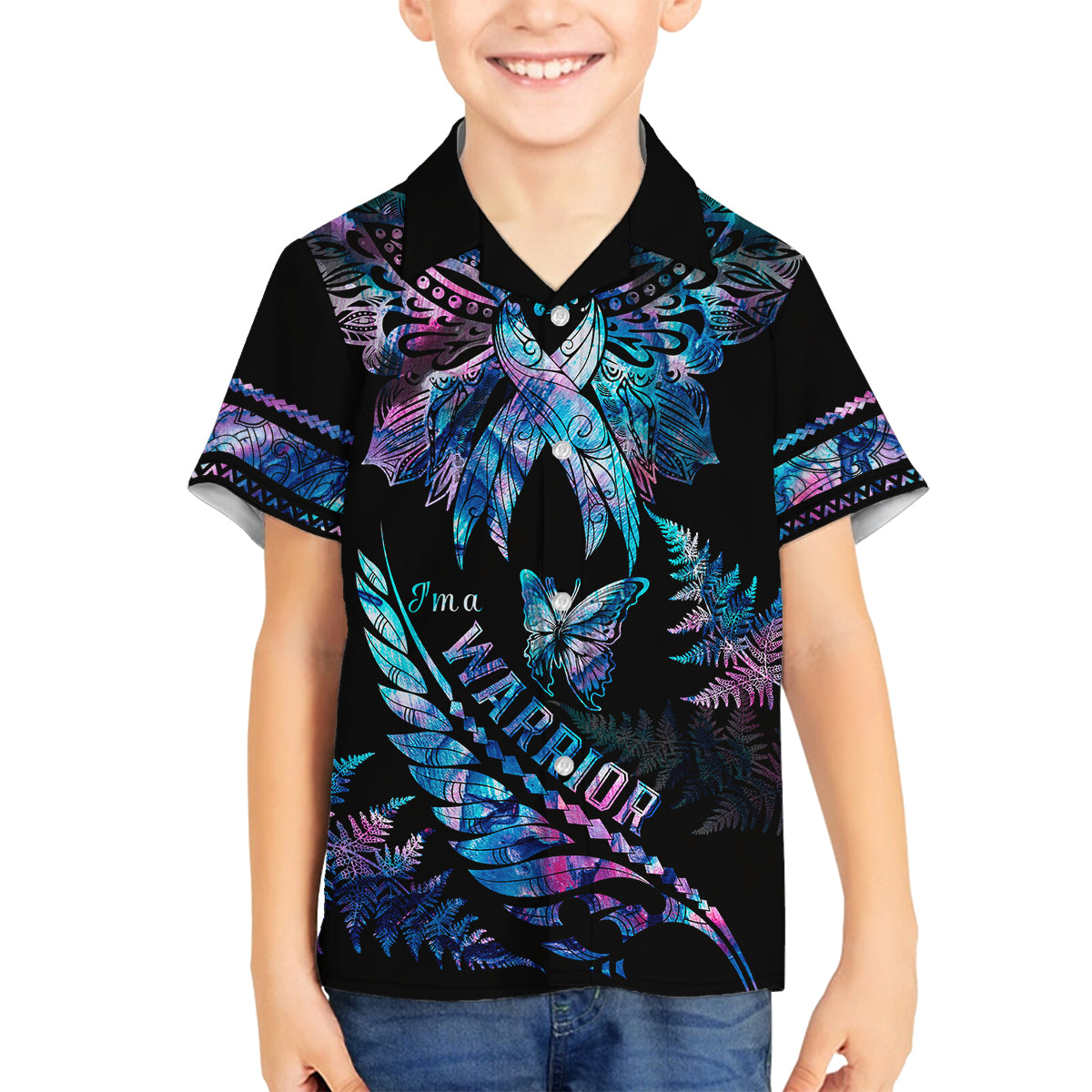 Polynesia Ribbon Butterflies Kid Hawaiian Shirt Silver Fern Breast Cancer With Papua Shell Pattern - Wonder Print Shop