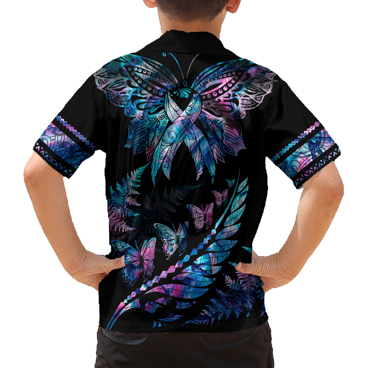 Polynesia Ribbon Butterflies Kid Hawaiian Shirt Silver Fern Breast Cancer With Papua Shell Pattern - Wonder Print Shop