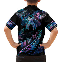 Polynesia Ribbon Butterflies Kid Hawaiian Shirt Silver Fern Breast Cancer With Papua Shell Pattern - Wonder Print Shop