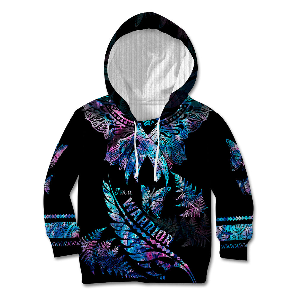 Polynesia Ribbon Butterflies Kid Hoodie Silver Fern Breast Cancer With Papua Shell Pattern - Wonder Print Shop