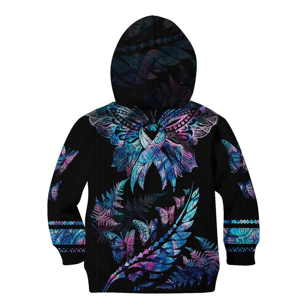 Polynesia Ribbon Butterflies Kid Hoodie Silver Fern Breast Cancer With Papua Shell Pattern - Wonder Print Shop