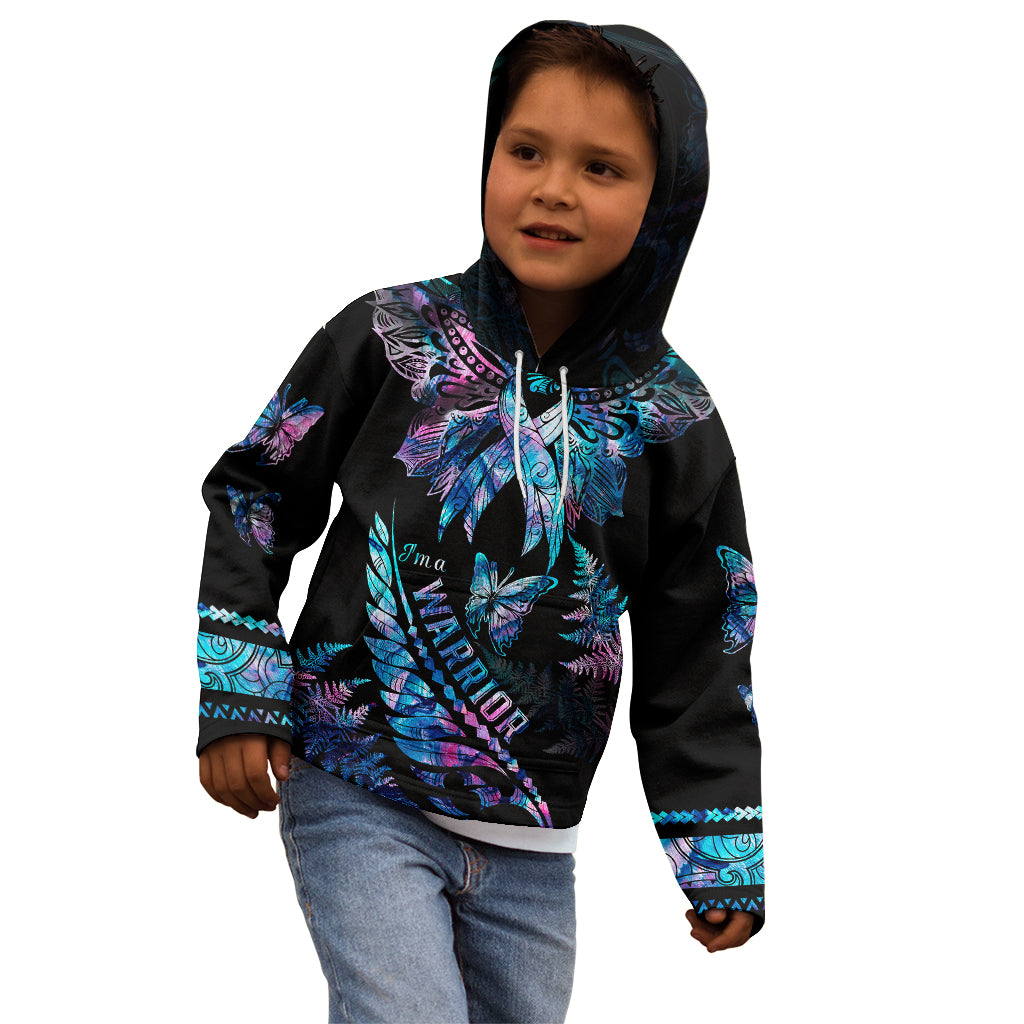 Polynesia Ribbon Butterflies Kid Hoodie Silver Fern Breast Cancer With Papua Shell Pattern - Wonder Print Shop