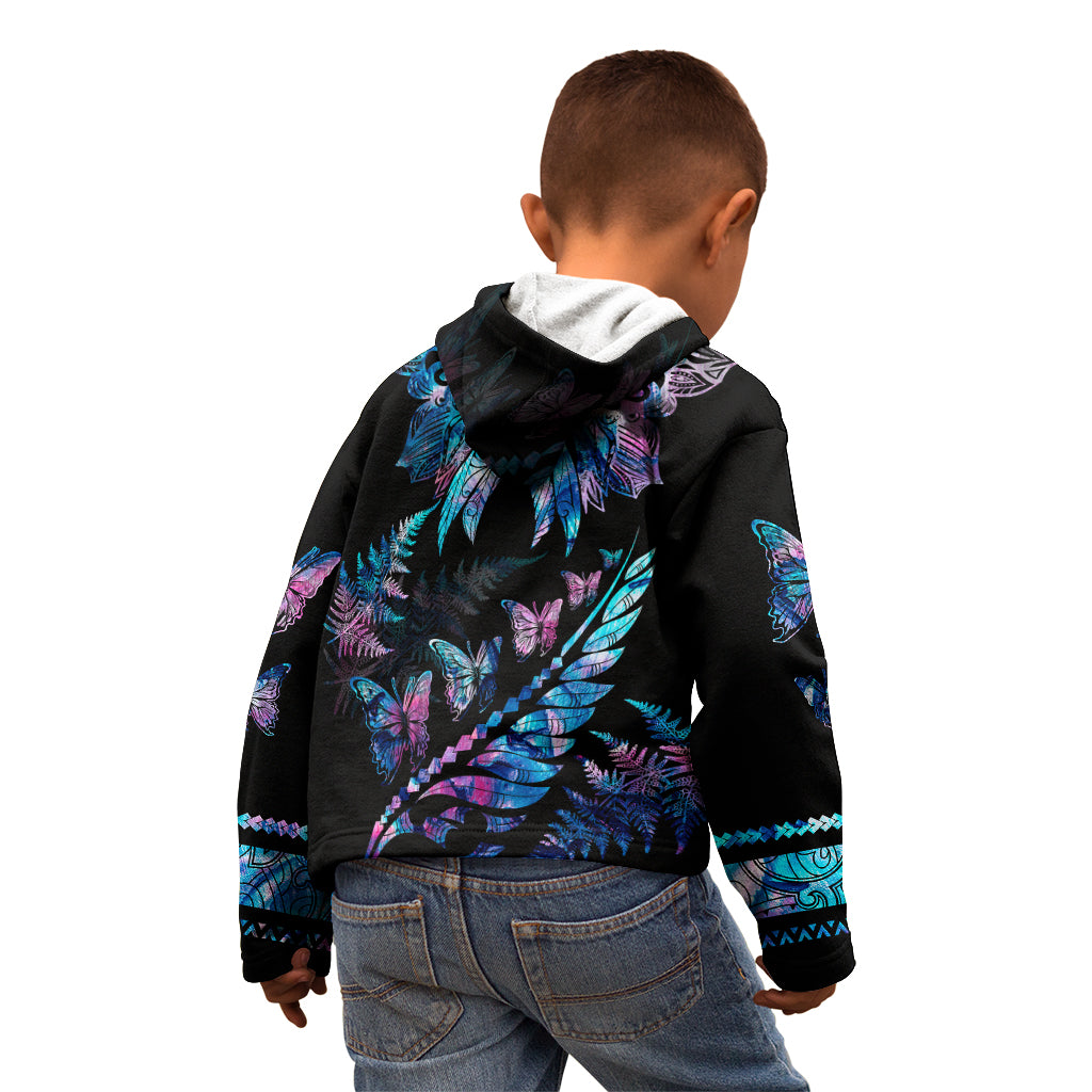 Polynesia Ribbon Butterflies Kid Hoodie Silver Fern Breast Cancer With Papua Shell Pattern - Wonder Print Shop