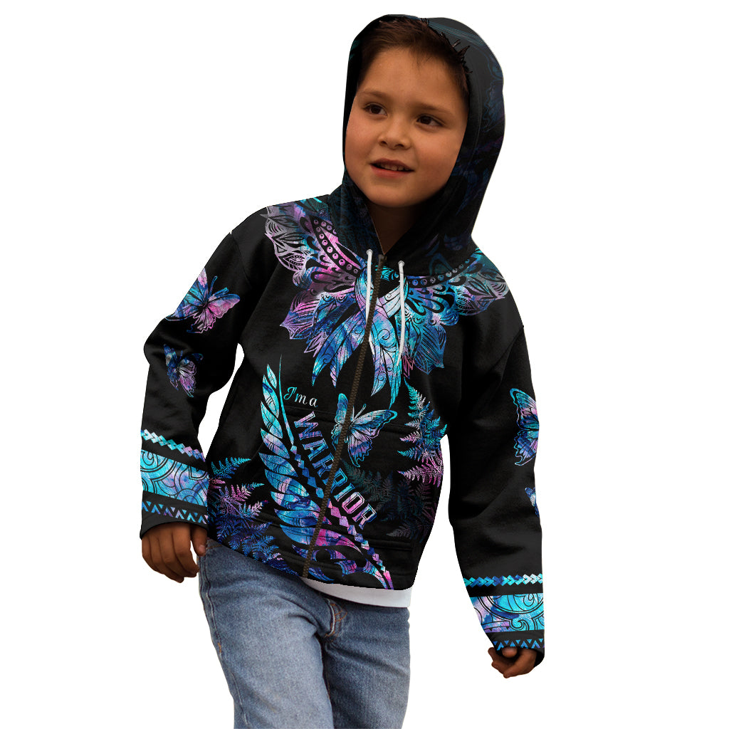 Polynesia Ribbon Butterflies Kid Hoodie Silver Fern Breast Cancer With Papua Shell Pattern - Wonder Print Shop