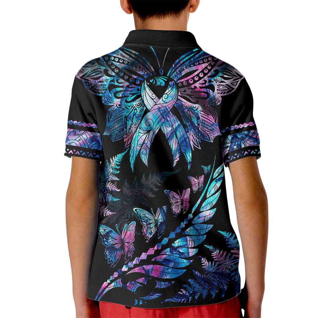 Polynesia Ribbon Butterflies Kid Polo Shirt Silver Fern Breast Cancer With Papua Shell Pattern - Wonder Print Shop