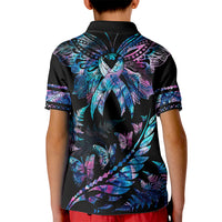 Polynesia Ribbon Butterflies Kid Polo Shirt Silver Fern Breast Cancer With Papua Shell Pattern - Wonder Print Shop