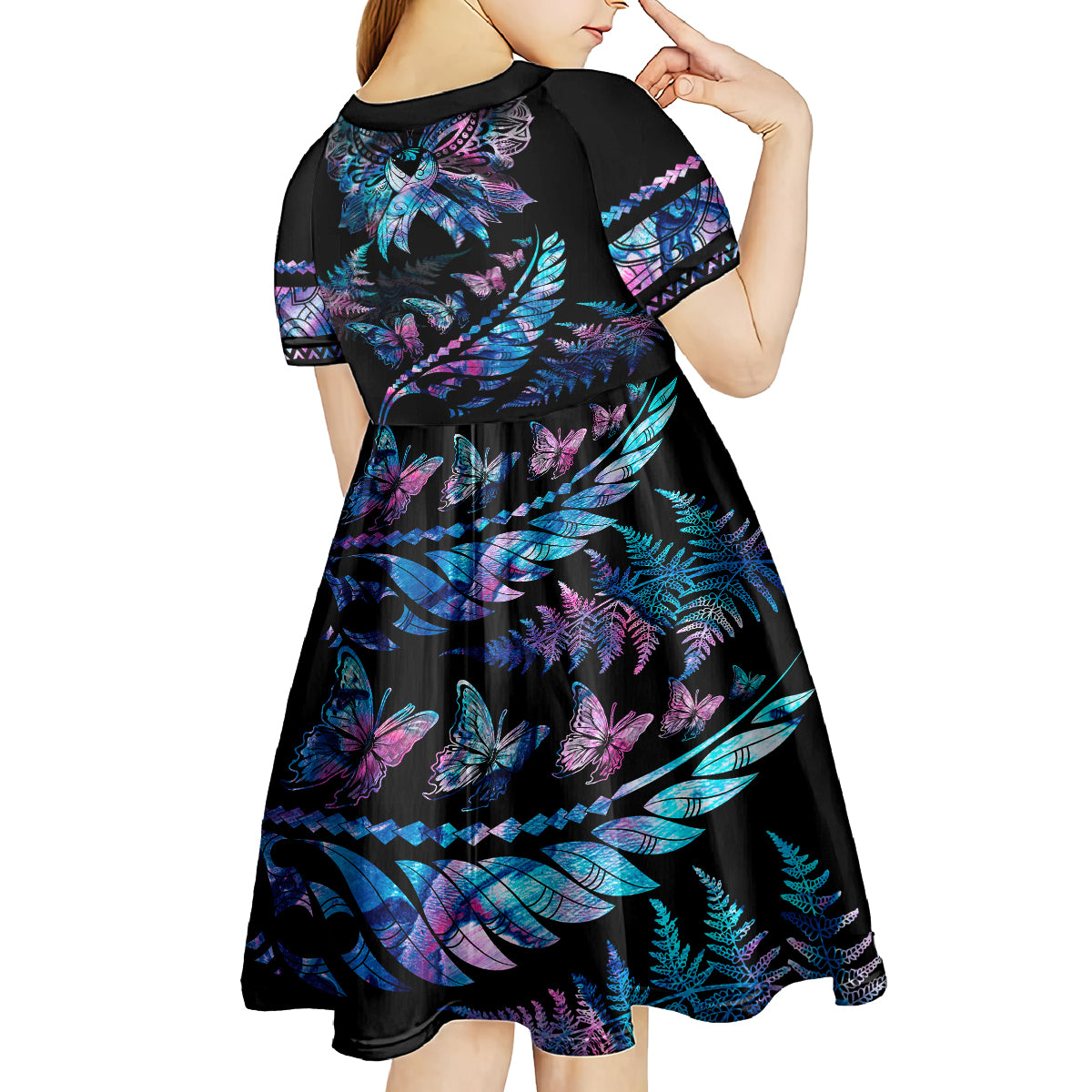 Polynesia Ribbon Butterflies Kid Short Sleeve Dress Silver Fern Breast Cancer With Papua Shell Pattern - Wonder Print Shop