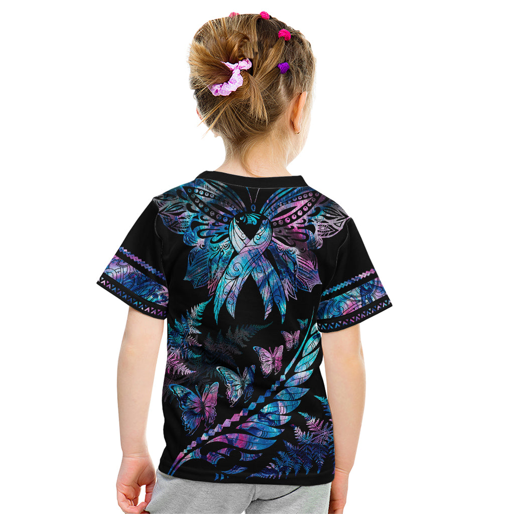 Polynesia Ribbon Butterflies Kid T Shirt Silver Fern Breast Cancer With Papua Shell Pattern - Wonder Print Shop