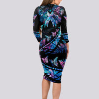 Polynesia Ribbon Butterflies Long Sleeve Bodycon Dress Silver Fern Breast Cancer With Papua Shell Pattern - Wonder Print Shop