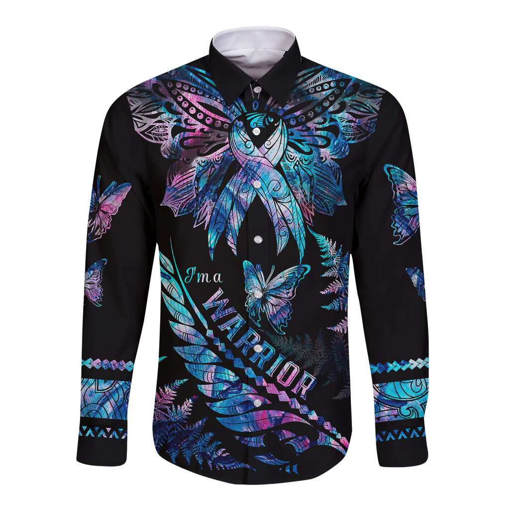 Polynesia Ribbon Butterflies Long Sleeve Button Shirt Silver Fern Breast Cancer With Papua Shell Pattern - Wonder Print Shop