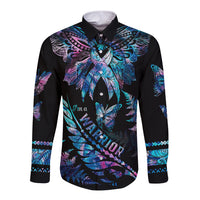 Polynesia Ribbon Butterflies Long Sleeve Button Shirt Silver Fern Breast Cancer With Papua Shell Pattern - Wonder Print Shop