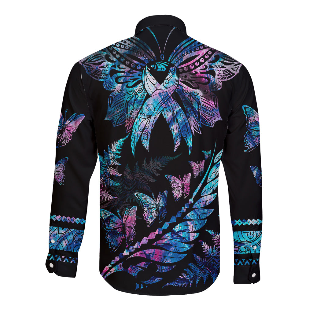 Polynesia Ribbon Butterflies Long Sleeve Button Shirt Silver Fern Breast Cancer With Papua Shell Pattern - Wonder Print Shop
