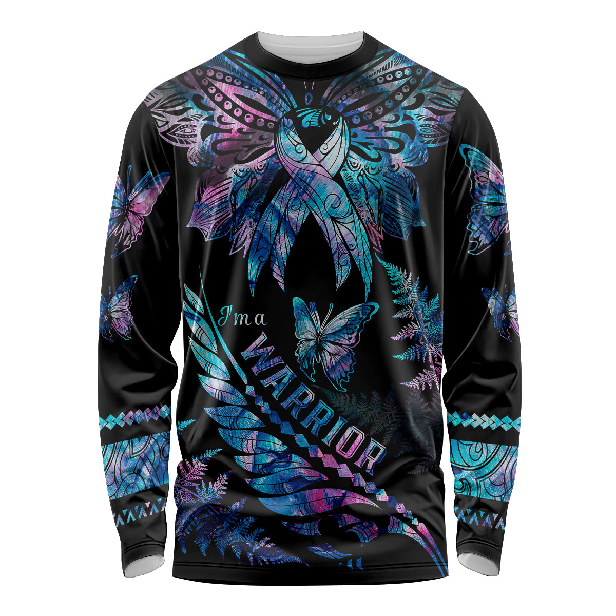 Polynesia Ribbon Butterflies Long Sleeve Shirt Silver Fern Breast Cancer With Papua Shell Pattern - Wonder Print Shop