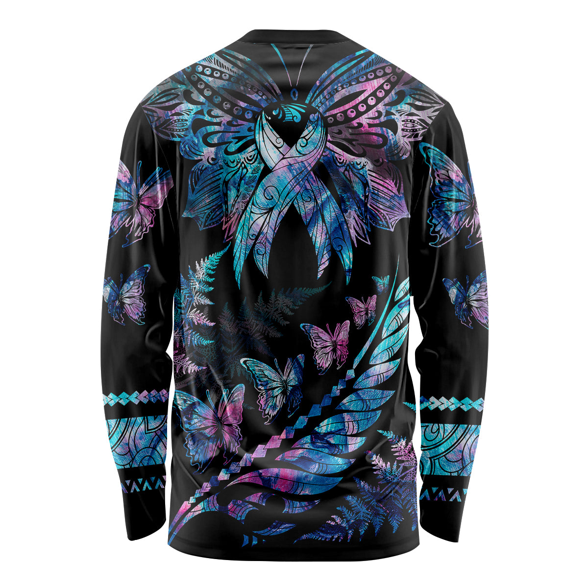 Polynesia Ribbon Butterflies Long Sleeve Shirt Silver Fern Breast Cancer With Papua Shell Pattern - Wonder Print Shop