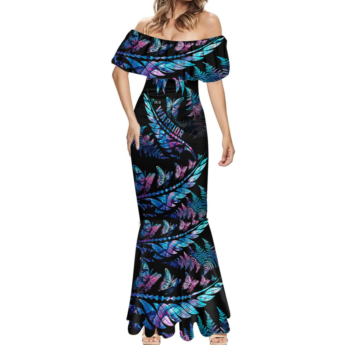 Polynesia Ribbon Butterflies Mermaid Dress Silver Fern Breast Cancer With Papua Shell Pattern - Wonder Print Shop